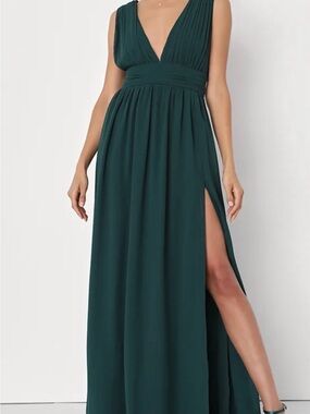 Lulus Heavenly Hues Forest Green Maxi Dress with Side Slit size small